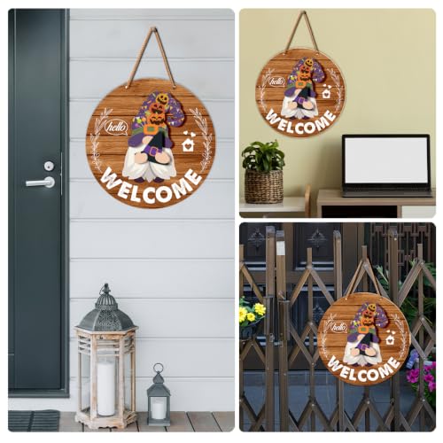 Yuzi-n Interchangeable Gnome Welcome Sign Fall Halloween Front Porch Decor - Red Brown