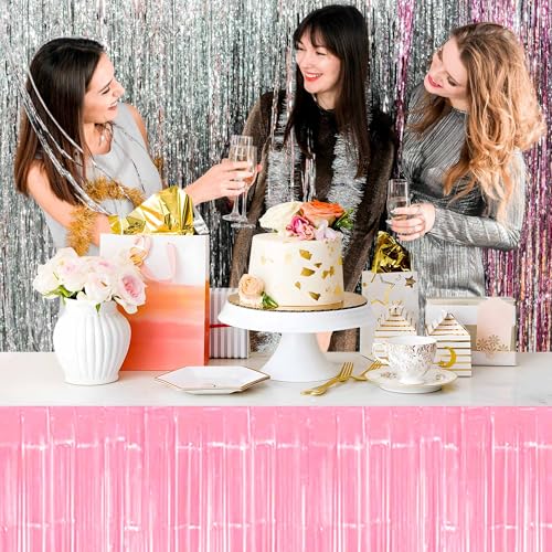 Macaron Pink Foil Fringe Table Skirts - 3 Pack Party Decor Streamers, 29x108 Inches