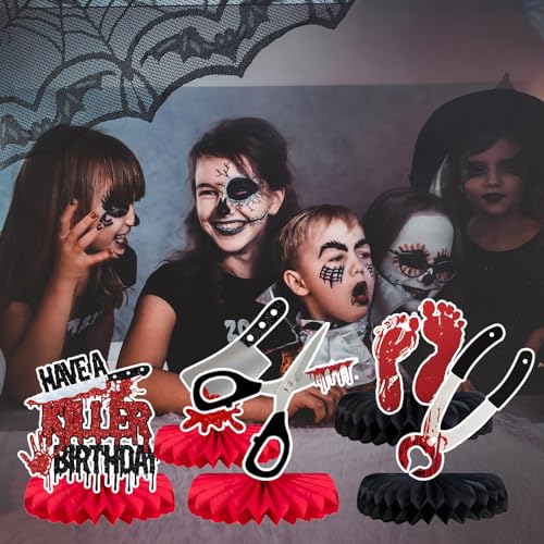 Halloween Horror Themed Honeycomb Centerpieces for Birthday Party Decorations - Bloody Knife Vampire Zombie Decor