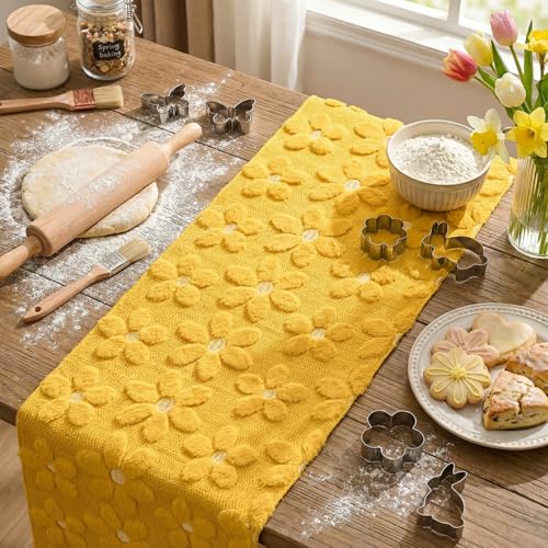 Yellow Soft Plush Faux Fur Jacquard Embroidery Daisy Table Runner 13x60 Inches — Kitchen Dining Decor