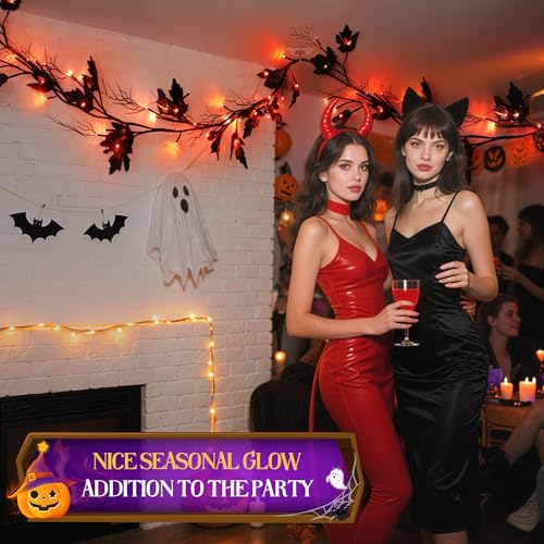 Halloween Garland with Orange LED Lights - 6.56 ft Lighted Vine Twig String Lights, 8 Modes & Timer, 12 Ornaments, Battery Operated, Indoor Decor - Orange