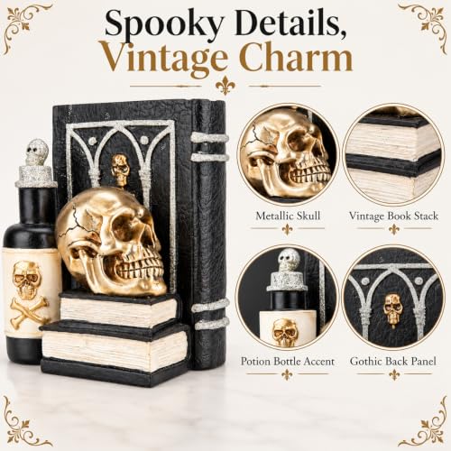 Gothic Gold Skull Book Decor - Halloween Skull Statue, Tabletop Figurine
