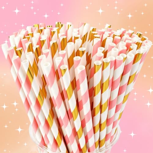 Pink and Gold Biodegradable Striped Paper Drinking Straws - 100 Pack for Parties
