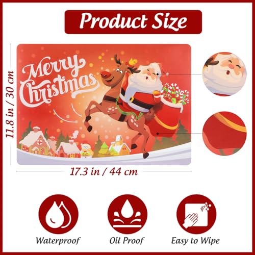 Christmas Placemat Set Waterproof Table Mats - Red Santa Reindeer Snowflakes, 17.3x11.8 Inches, 6 Pack