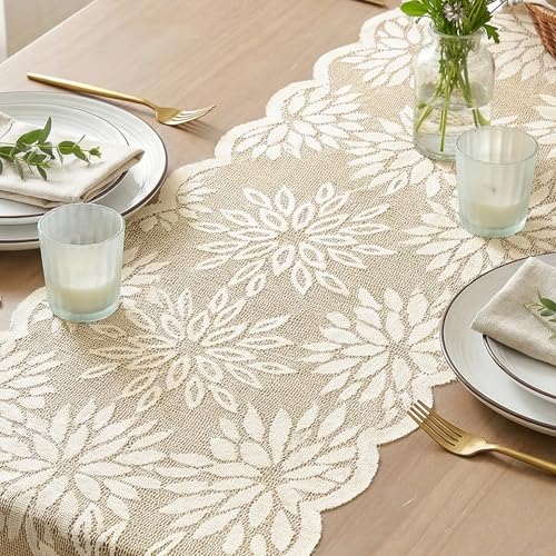 Artoid Mode Lace Jacquard Dahlia Table Runner 13x72 Inch Beige