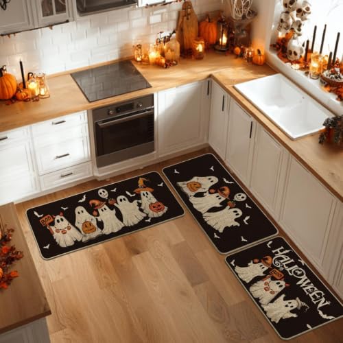 Halloween Kitchen Mats Set of 3 - Black Non-Slip Decorative Floor Mats, 17x29/36/47 Inches