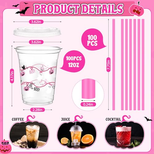 Halloween Plastic Cups with Straws and Lids - Pink Novel Style - 50 Pack 12oz