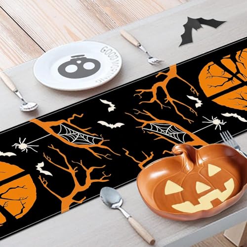 Halloween Table Runner with Black Cat Skull & Pumpkin Design - Animal Print Style, 72x13 Inches