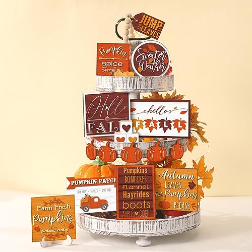 Farmhouse Fall Tiered Tray Decor Set - Rustic Pumpkin & Truck Signs, Simple Style
