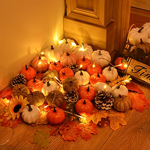 Artificial Fall Pumpkins and Maple Leaves Home Decor Set - Harvest Thanksgiving Autumn Decorations