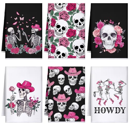 Halloween Skeleton Kitchen Towels Set - 6 Pcs Gothic Skull Dish Towels with Pink, White, Black Variations