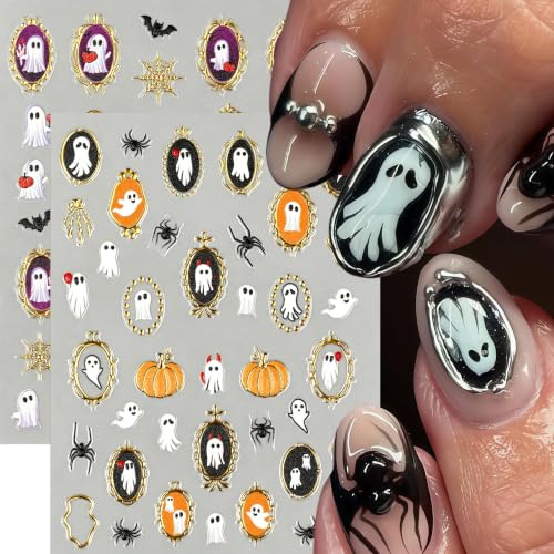 Halloween Nail Art Stickers Decals - 6 Sheets Retro Pumpkin Spider Ghost Bats - Mirror Frame Variation