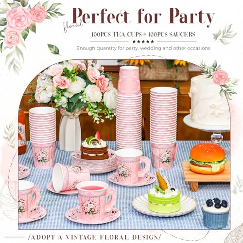 Pink Floral Paper Tea Cups and Saucers Set - 7 oz Disposable Party Drinkware