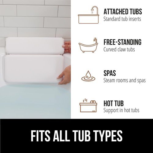 GORILLA GRIP Bath Pillow for Tub, Strong Suction Cups, Luxury Bathtub Pillows, Headrest Neck and Back Support, Relaxing Hot Tub and Home Spa Accessories, Bathroom Essentials, Gifts for Women, White