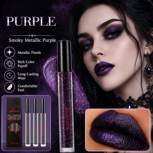 Liquid Lipstick Set - Black Green Purple Glitter Matte Long-Lasting for Halloween