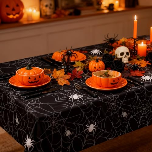 Halloween Plastic Tablecloth 1 Pack - Spooky Web & Spider Pattern, 54x108 Inch, Spillproof, Disposable, Black