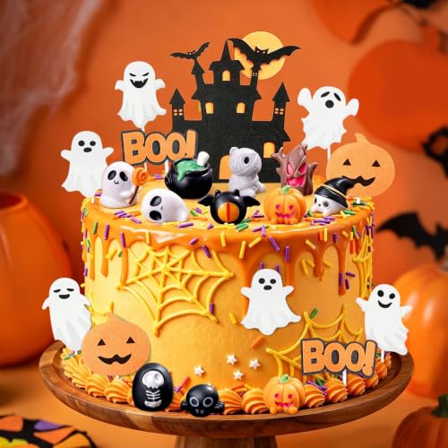 Yellow Ghost Cake Topper Halloween Decorations Set - Spooky Party Supplies