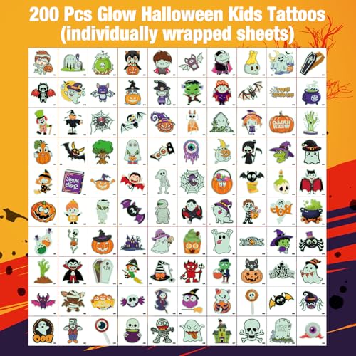 Glow Halloween Temporary Tattoos 200 Pack - Luminous Party Favors & Decorations