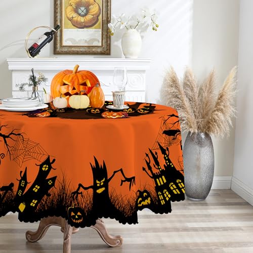 Halloween Round Tablecloth 70 Inch - Orange Table Cover for Parties - Variation: Orange Castle