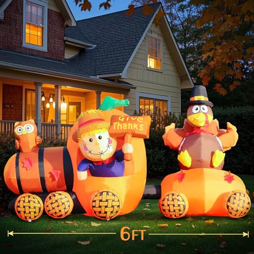 Thanksgiving Inflatable Scarecrow Driving Pumpkin Train with Turkey - Fall Yard Decor, Fall Train Variation