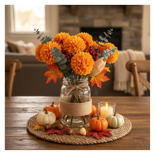 Artificial Mums 12-Inch Silk Flowers with Bendable Wire Stems - Orange, 12 Pack