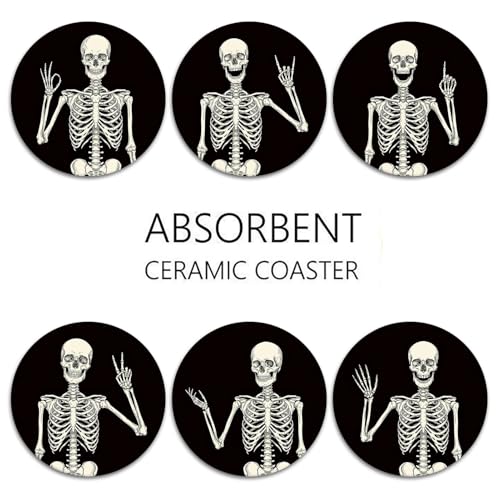Skeleton Skull Coasters Set of 6 - Ceramic Stone Vintage Drink Protectors