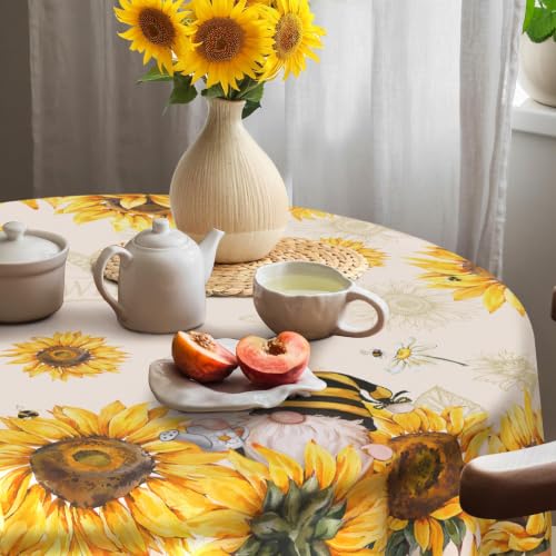 Sunflower Round Tablecloth 60 Inch - Summer Dining Decor, Wrinkle-Resistant