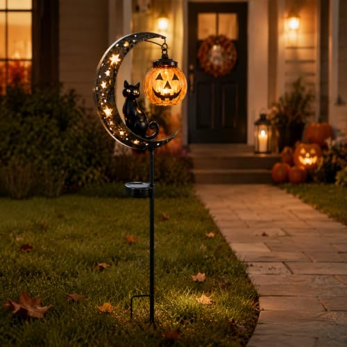 Halloween Black Cat LED Lantern Waterproof Outdoor Holiday Decoration with Crescent Moon & Hanging Jack-O'-Lantern