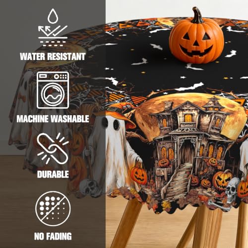Halloween Round Tablecloth 60x60 Inch Ghost Bat Pumpkin Castle - Spooky Party Decor