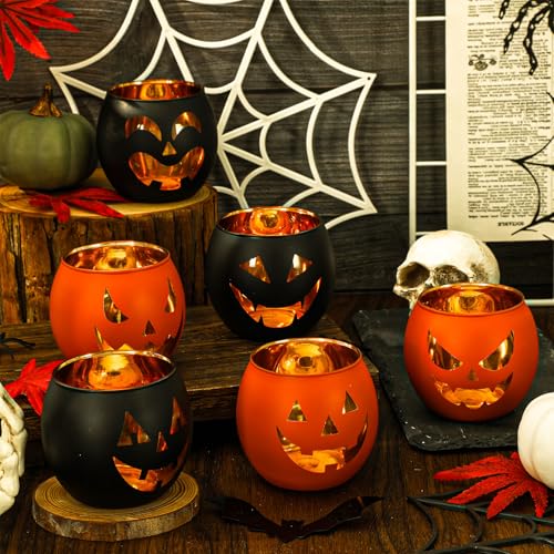 Halloween Candle Holders Set – Black & Orange Pumpkin Face Glass Decor for Parties & Home