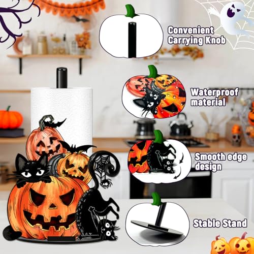 Halloween Paper Towel Holder with Black Cat & Pumpkin Design - 12 Inch Fall Decor