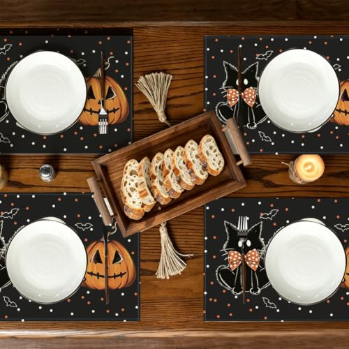 Black Halloween Table Placemats Set of 4 12x18 Inches Pumpkin Cat Ghost Decor
