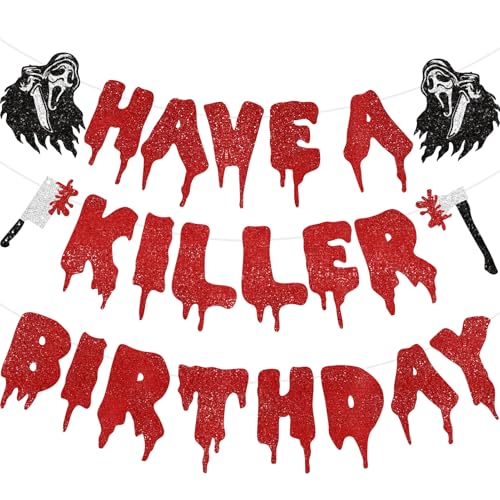 Killer Themed Halloween Birthday Banner with Glitter Spooky Decor