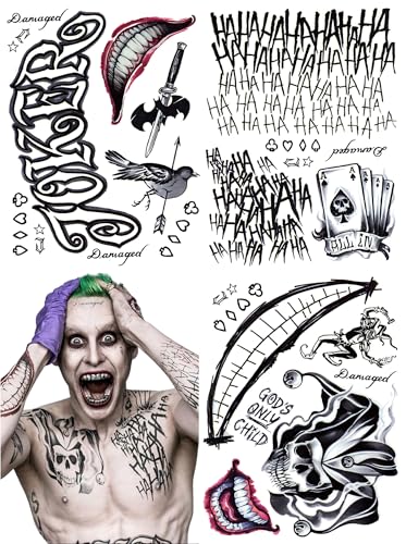 Joker Temporary Tattoos Set for Halloween Cosplay & Party Costumes