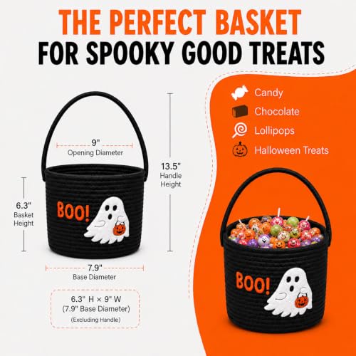Halloween Ghost Basket Trick or Treat Candy Bucket - Black Boo Variation