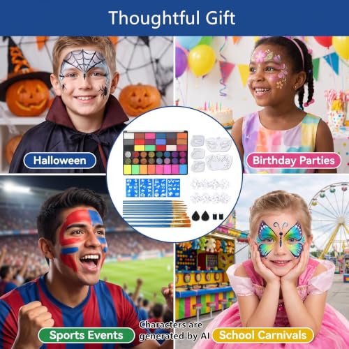 Kids & Adults Water-Activated Face Painting Kit - 42 Colors, Brushes & Stencils
