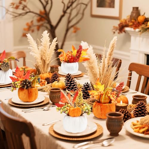 Artificial Velvet Pumpkins Set with Maple Leaves and Berries for Fall Thanksgiving Decor - 6 Pieces
