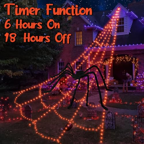 Outdoor Halloween Decorations with 455 LED Spider Web & 59-Inch Spider - Orange Web & Spider Variation