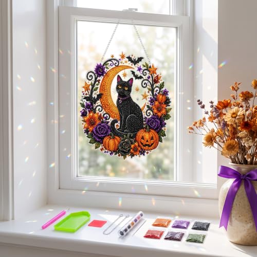 Halloween Black Cat Moon Diamond Art Suncatcher Kit - 10x10in Window Decor
