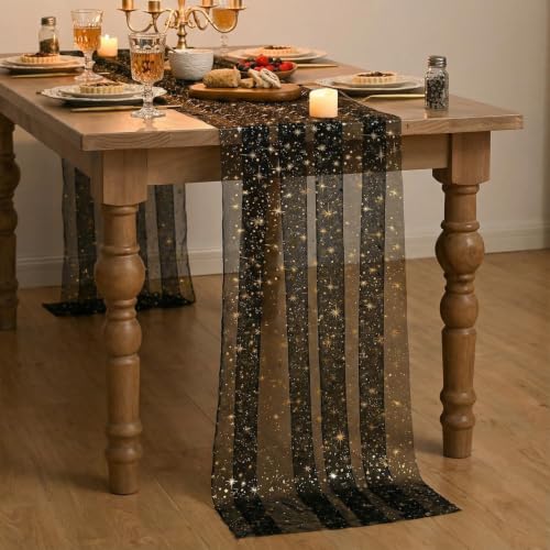 6PC Black Gold Stars Reversible Sheer Table Runner 28x120 Inch for Wedding Holiday Decor