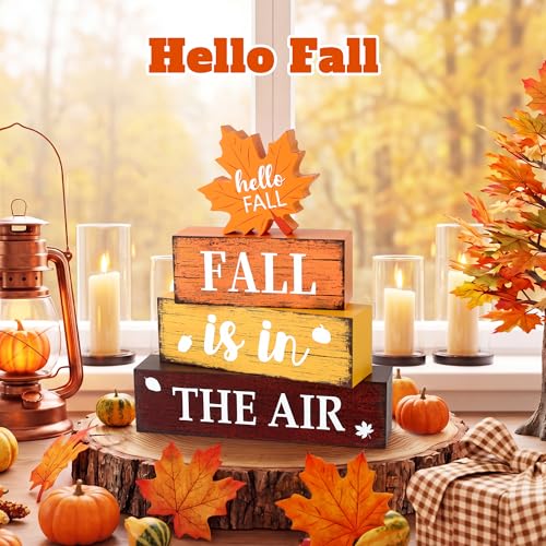 Fall Wooden Decor Set - Rustic Autumn Table Decorations for Home, Includes 'Fall is in The Air' Sign - 4 Pieces