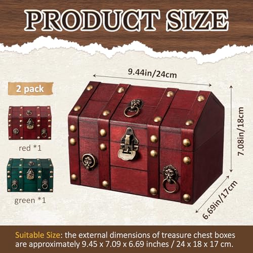 Vintage Wooden Treasure Chest Box with Lock for Jewelry Coins Storage Kids Gift