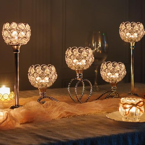 Silver 5 Arm Crystal Tea Light Candle Holder Set of 3 - Elegant Wedding & Holiday Decor