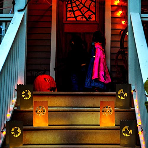 Halloween Luminary Bags Set - Witch, Castle & Cat Silhouettes, Flame-Resistant Lanterns, 48 Pack