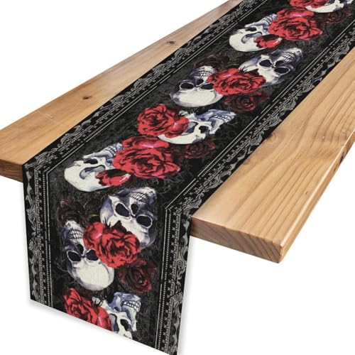 Gothic Table Runner - Retro Black Witchy Skull & Red Rose Design, 13x108 - Variation 3
