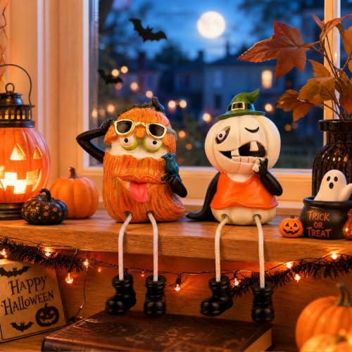 Halloween Pumpkin Shelf Sitter Figurines - Set of 2, Hand Painted Resin Decor