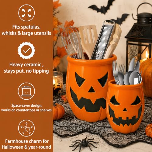 Yellow Halloween Ceramic Pumpkin Utensil Crock Set - Large & Small Kitchen Organizer with Jack O Lantern Design