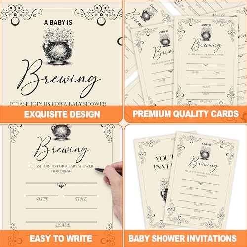Halloween Baby Shower Invitations for Boys Girls - 'A Baby Is Brewing' Variation, 25 Pack 4x6 with Envelopes