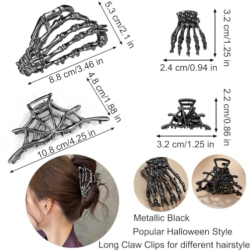 Halloween Style Skeleton Hand & Spider Web Hair Clips Set - Gothic Metal Claw Accessories