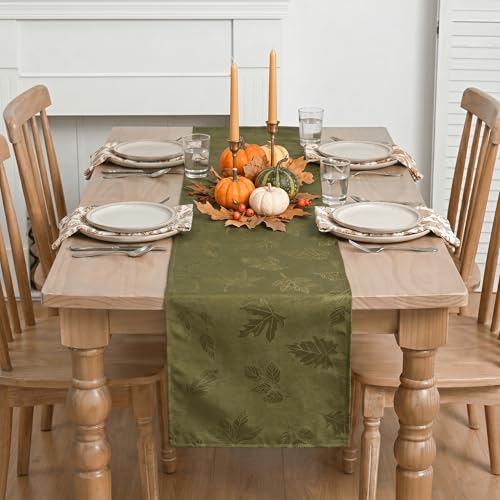 Maple Leaf Moss Green Granular Jacquard Table Runner 13x72 Inch – Durable Home Decor